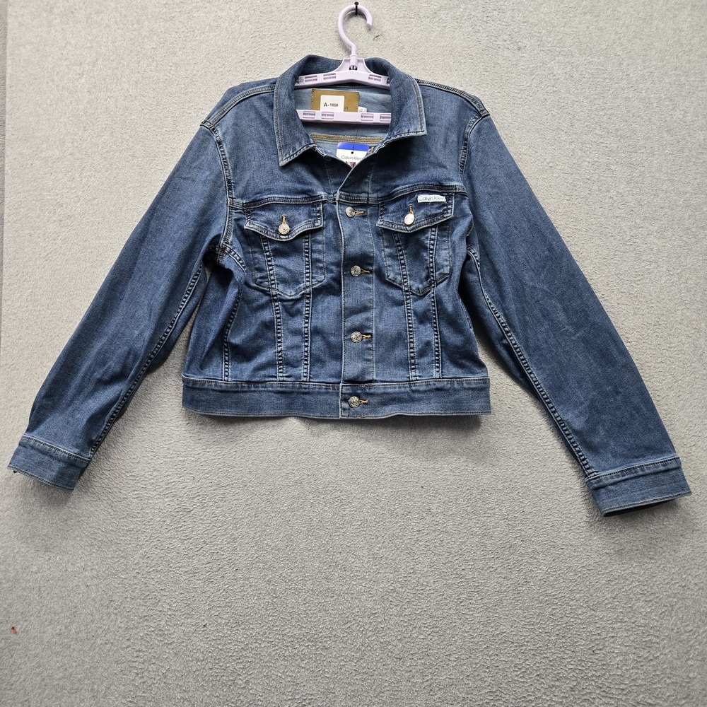 Calvin Klein Women Jacket L/G (LARGE) Blue Denim Classic Trucker Jacket NWT